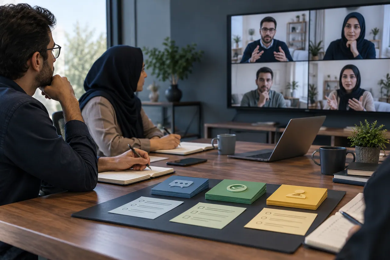جلسهٔ تصویری گروهی با یادداشت‌ها و مستندات مشترک روی میز کار